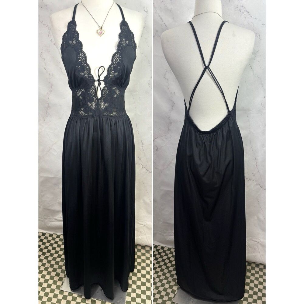 Vtg 70s Lily Of France Full Sweep Slip Dress M Black Old Hollywood Whimsigoth
